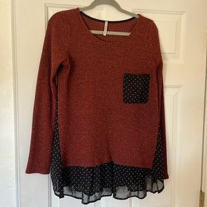 Rust with black silk polka dots top.
